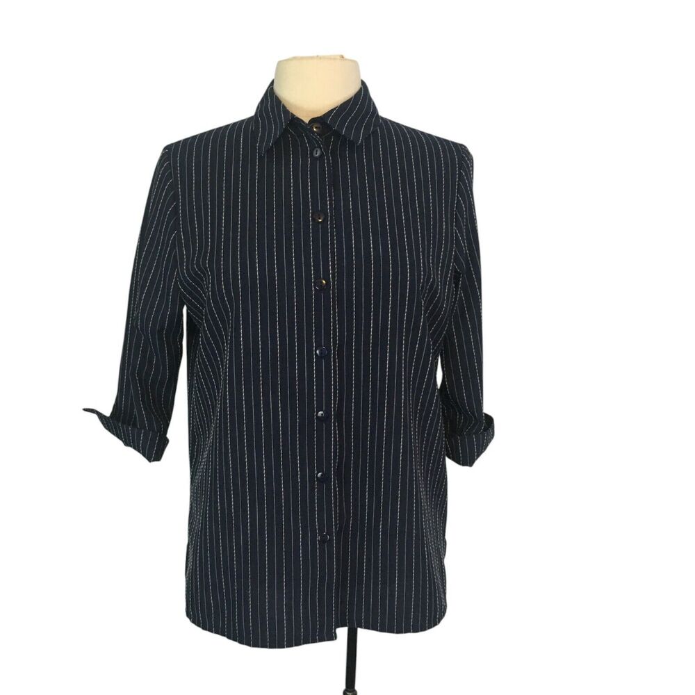 Allison Daley Vintage Womens Blue Pinstripe Blouse, Shirt 3/4 Sleeve Cuff sz 8